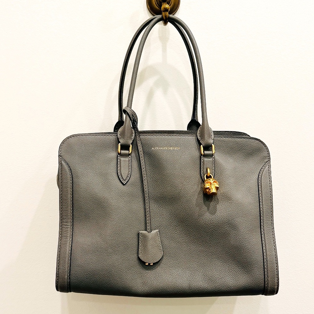 ALEXANDER MCQUEEN Pebbled Calfskin Large Skull Padlock Zip Around tote dark grey